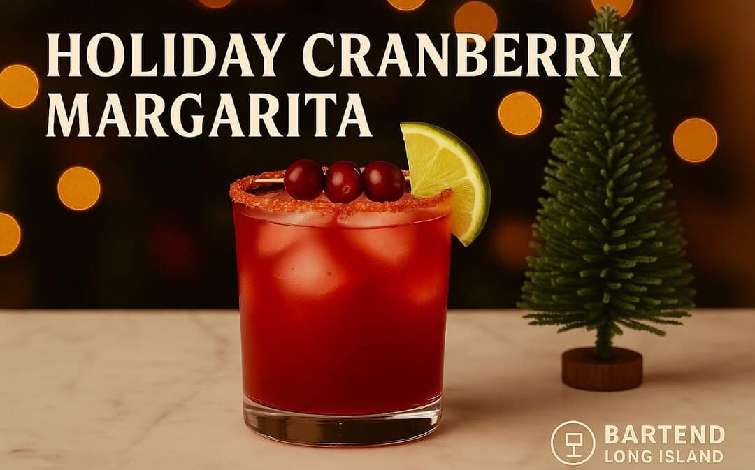 Holiday Cranberry Margarita in a short glass with a red sugared rim, garnished with cranberries and a lime wedge, set on a marble surface with a mini Christmas tree and warm golden holiday lights in the background.