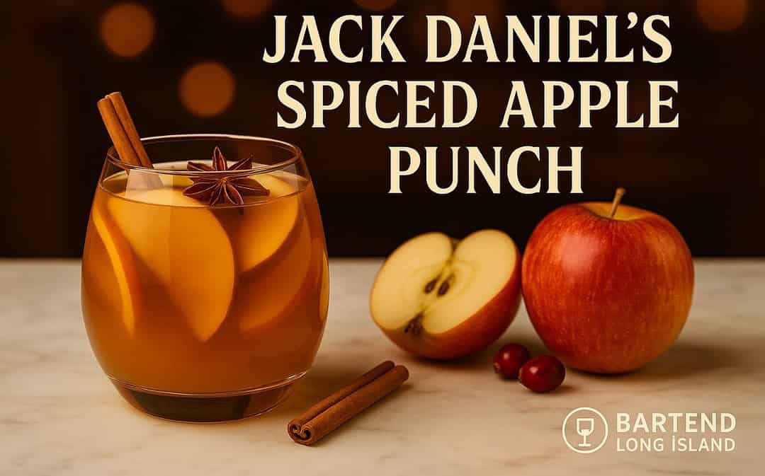 Jack Daniel’s Spiced Apple Punch cocktail in a glass with apple slices, cinnamon stick, and star anise garnish, set on marble with red apples, cranberries, and warm golden holiday lights in the background and Bartend Long Island logo watermark.