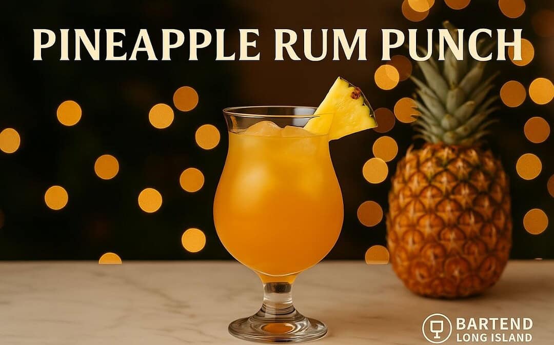Pineapple Rum Punch cocktail in a hurricane glass with a golden-orange hue, ice, and pineapple wedge garnish, set on marble with a whole pineapple and warm golden holiday lights in the background.