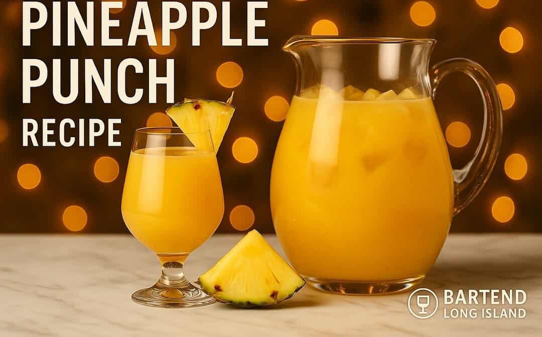 Pineapple Punch cocktail in a glass pitcher and stemmed glass with pineapple slices and golden yellow color, set on marble with festive holiday lights in the background.