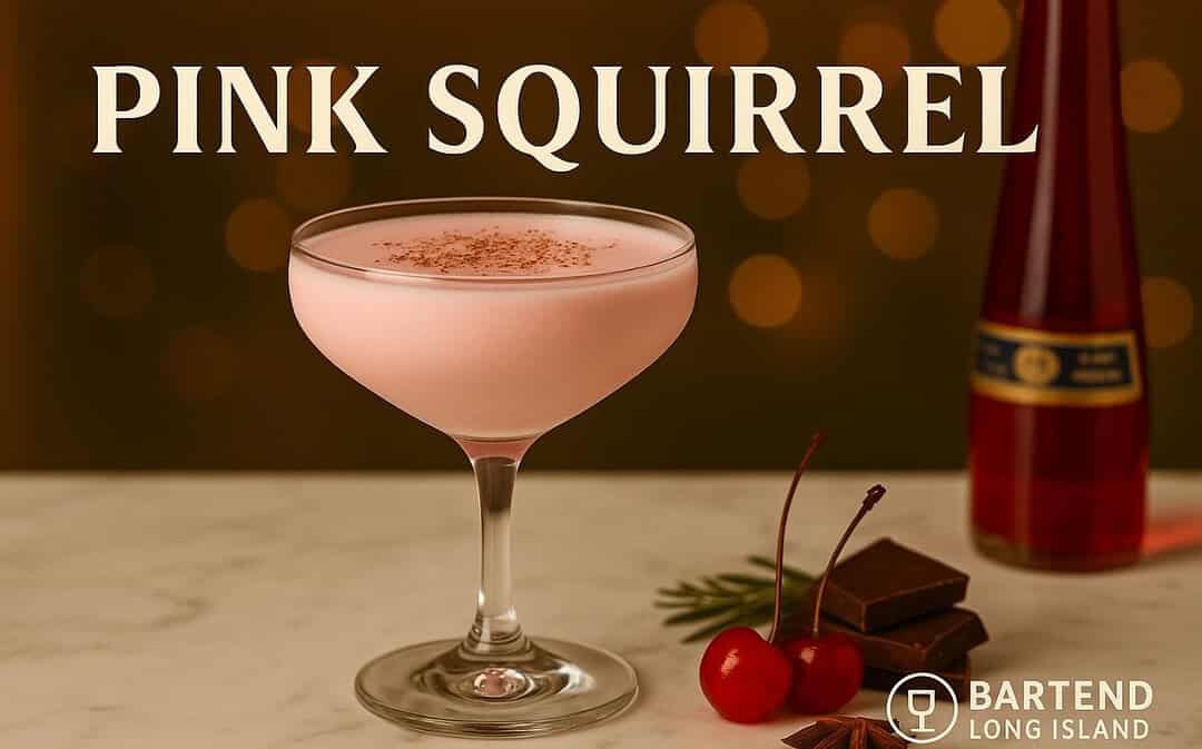 Pink Squirrel cocktail in a coupe glass with a creamy pastel-pink color, topped with grated chocolate, set on a marble surface with maraschino cherries, chocolate pieces, and warm golden holiday lights in the background, featuring the Bartend Long Island watermark.