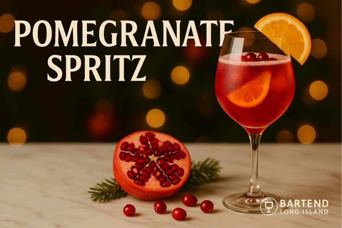 Pomegranate spritz in a wine glass with orange wheel