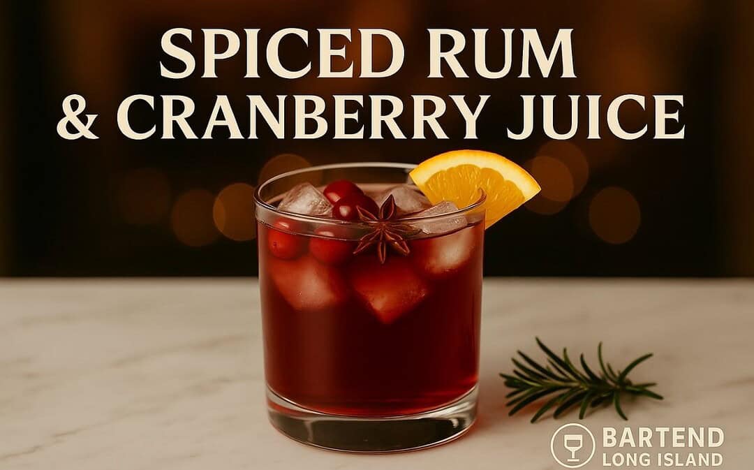 Spiced Rum and Cranberry Juice cocktail in a short glass with ice, orange slice, cranberries, and star anise garnish, set on a marble surface with rosemary sprig and warm golden holiday lights in the background with Bartend Long Island logo watermark.