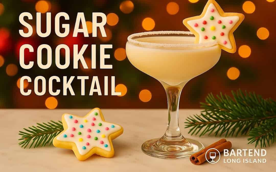 Bright and festive Sugar Cookie Cocktail in a coupe glass with a sugared rim and a colorful star-shaped sugar cookie garnish, set on marble with pine branches, cinnamon sticks, a second iced cookie, and warm golden Christmas lights in the background, featuring the Bartend Long Island watermark