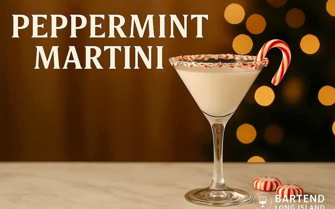 Peppermint Martini cocktail in a martini glass with a crushed candy cane rim and candy cane garnish, set on marble with peppermint candies and warm golden holiday lights in the background.