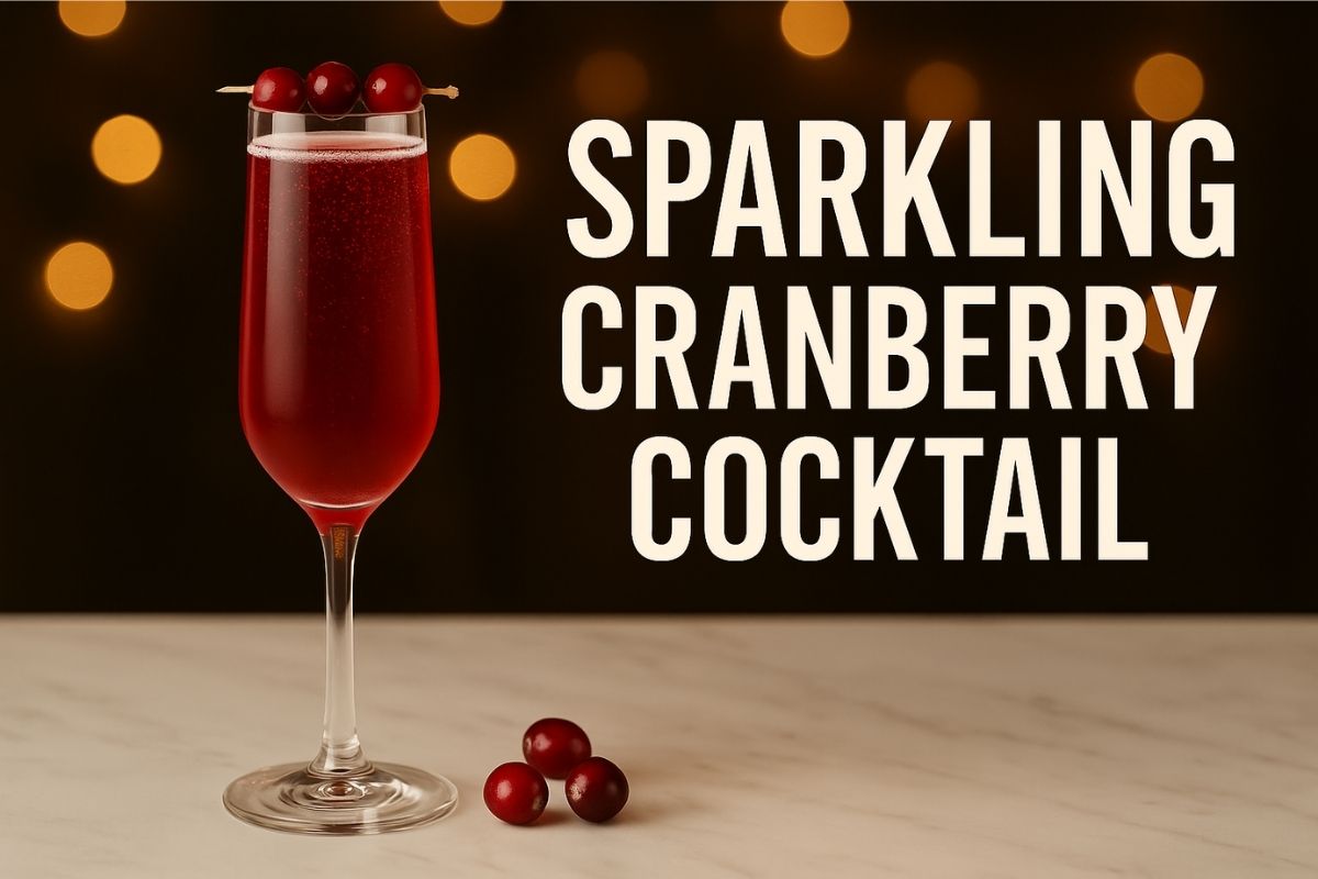 Sparkling cranberry cocktail in a flute with fresh cranberries