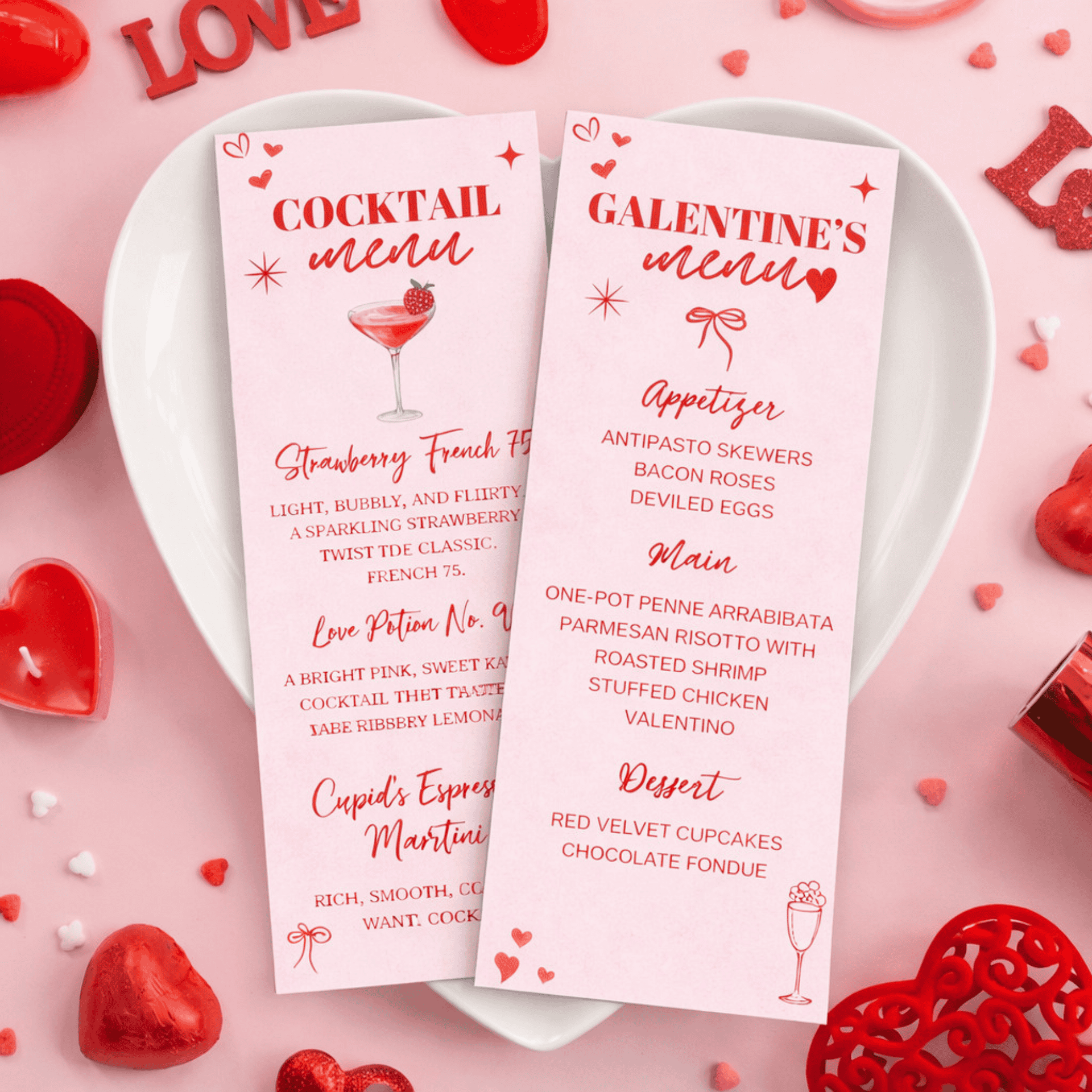 Galentine&rsquo;s Day Food + Cocktail Menu Bundle Template (Editable Canva)