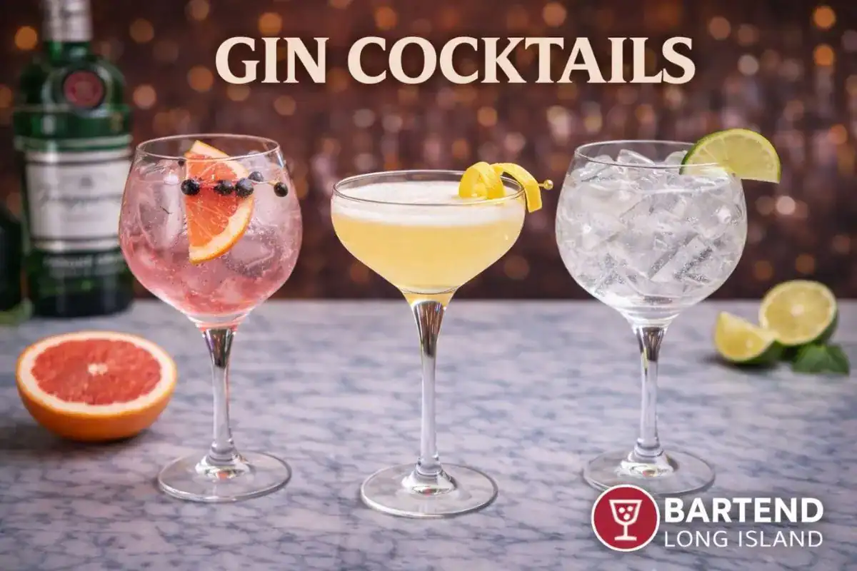 gin cocktails including bees knees and gin and tonic on a marble countertop