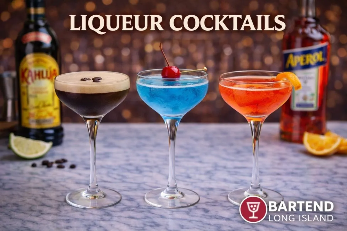 cocktails made with liqueur elegantly displayed on marble countertop side by side