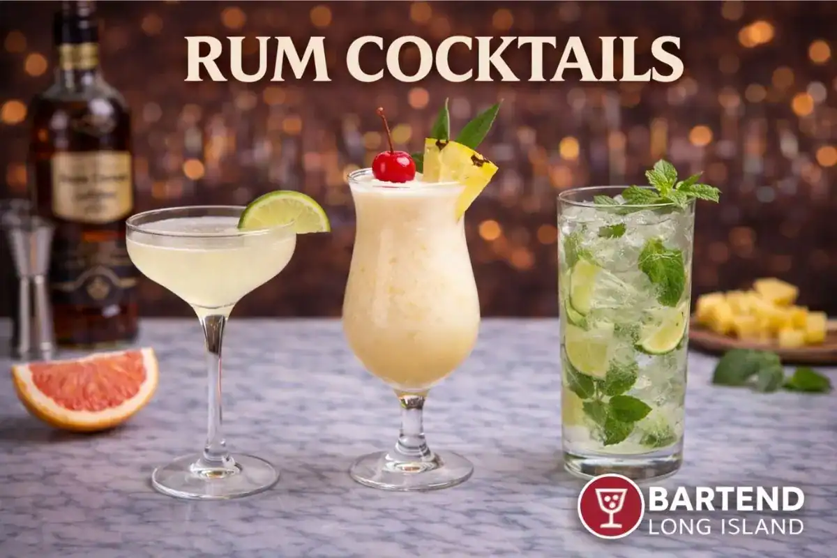 Rum cocktails including mojito and daiquiri on marble countertop