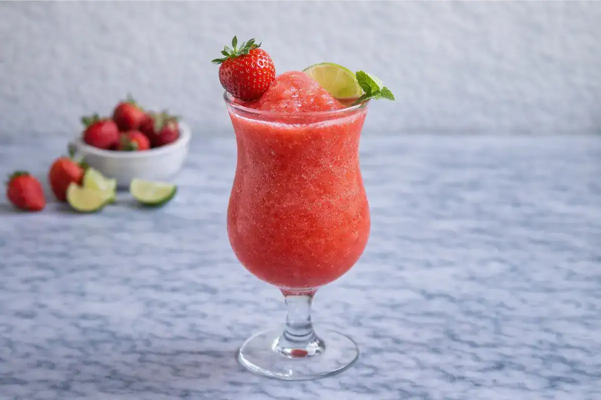 Frozen strawberry daiquiri in a chilled glass with fresh strawberry garnish on a bright background