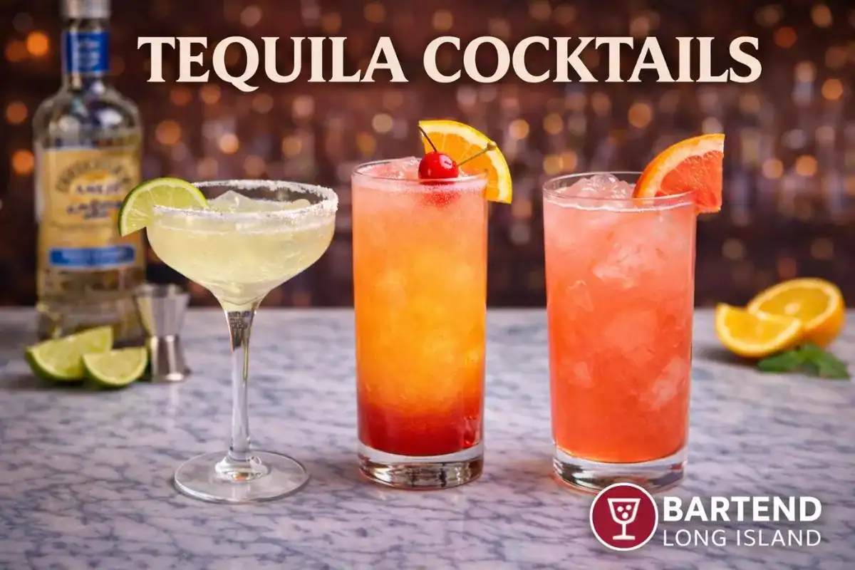 tequila cocktails including margarita, tequila sunrise and paloma lined up on marble countertop