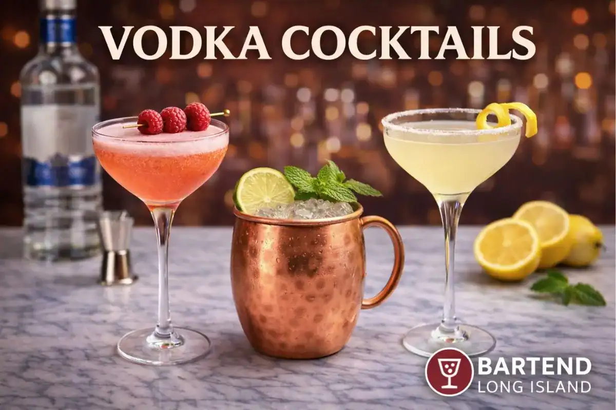 vodka cocktails assorted including french kiss, moscow mule, and lemon drop martini