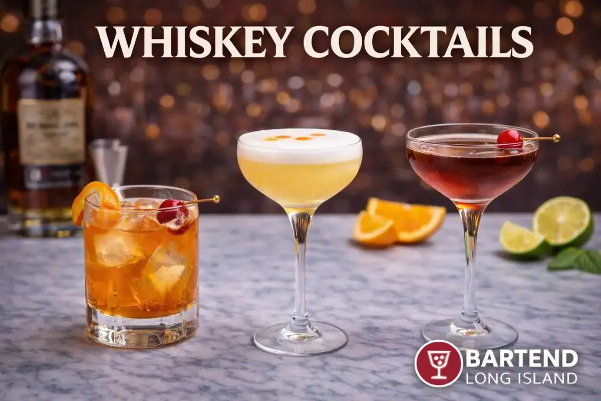 whiskey cocktails arranged side by side on counter top including old fashioned and more