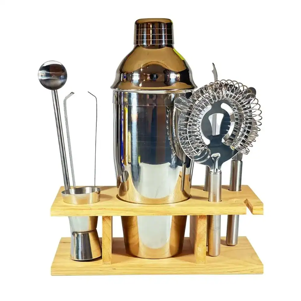 Silver bartending kit with stand