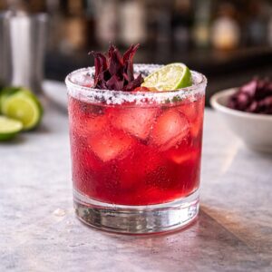 refreshing looking hibiscus margarita in a cold rocks glass with ice and a salt rim garnished with a fresh lime and hibiscus on a marble counter
