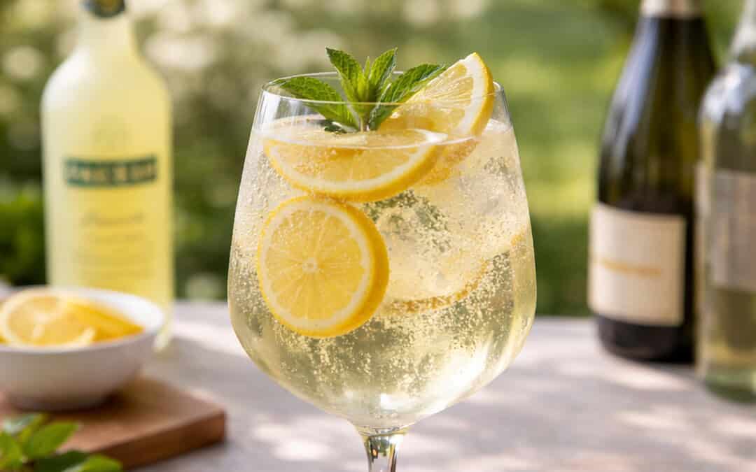 refreshing limoncello spritz outdoors in a wine glass with fresh mint and lemon garnish