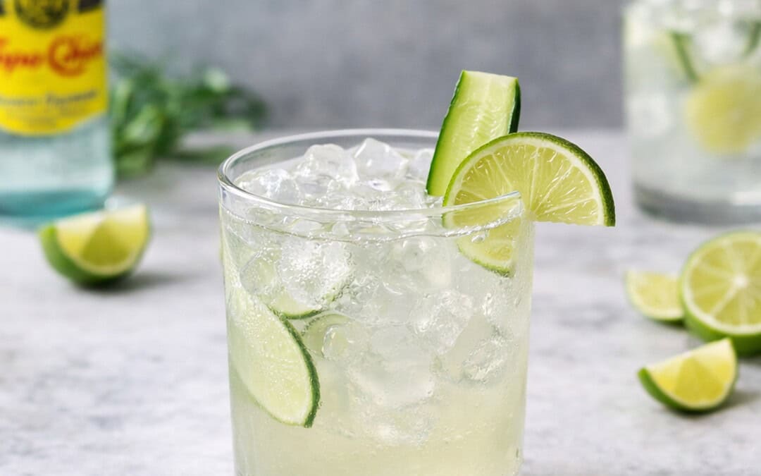 ranch water cocktail in a rocks glass over ice and garnished with a lime on a marble backdrop