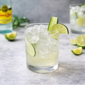ranch water cocktail in a rocks glass over ice and garnished with a lime on a marble backdrop