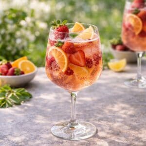 sparkling sangria in a summery outdoor setting in a wine glass with stawberries oranges and more fruit in the drink