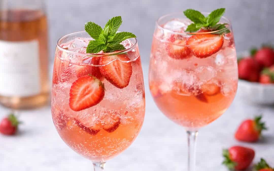 two chilled wine glasses of strawberry rose spritz cocktails on marble counter with mint and strawberry garnishes