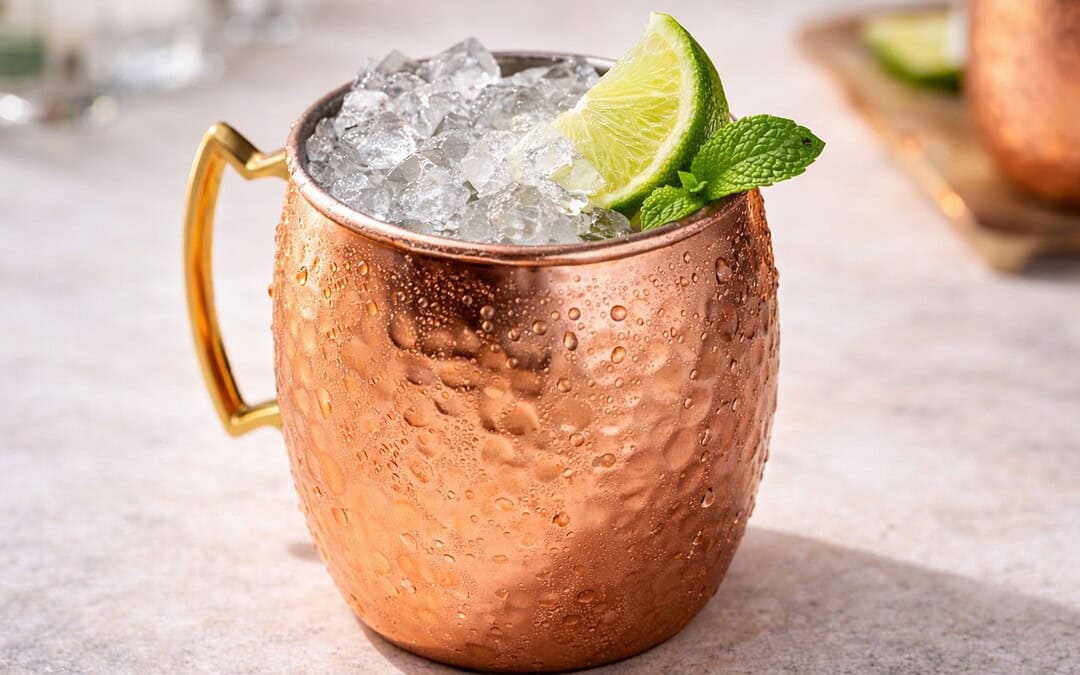 Moscow mule cocktail in a copper mug with crushed ice lime wedge and mint garnish close up