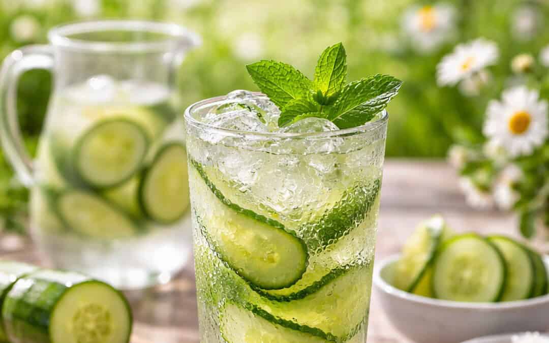 refreshing cucumber mint cooler cocktail with fresh cucumber slices mint leaves and lime served over ice in a glass on a bright spring outdoor patio