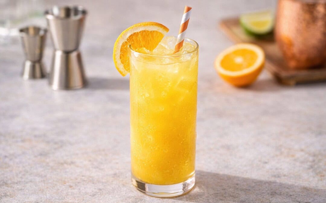 screwdriver cocktail with orange juice and vodka and a orange garnish and straw in collins glass on marble
