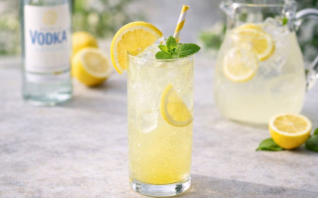 chilled glass filled with lemonade, vodka and freshly sliced lemon slices garnished witha. sprig of mint and paper straw