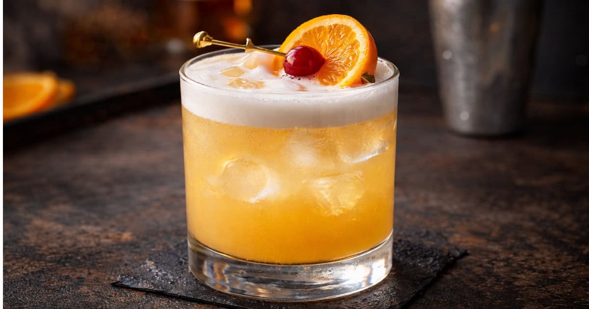 Whiskey sour classic whiskey cocktail with lemon juice and frothy foam