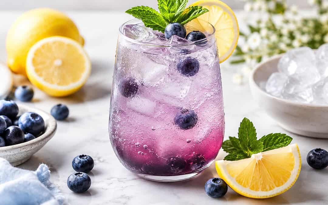 A blueberry lemon mocktail in elegant glassware with fresh blueberries, lemon, mint, bubbles, and ice.