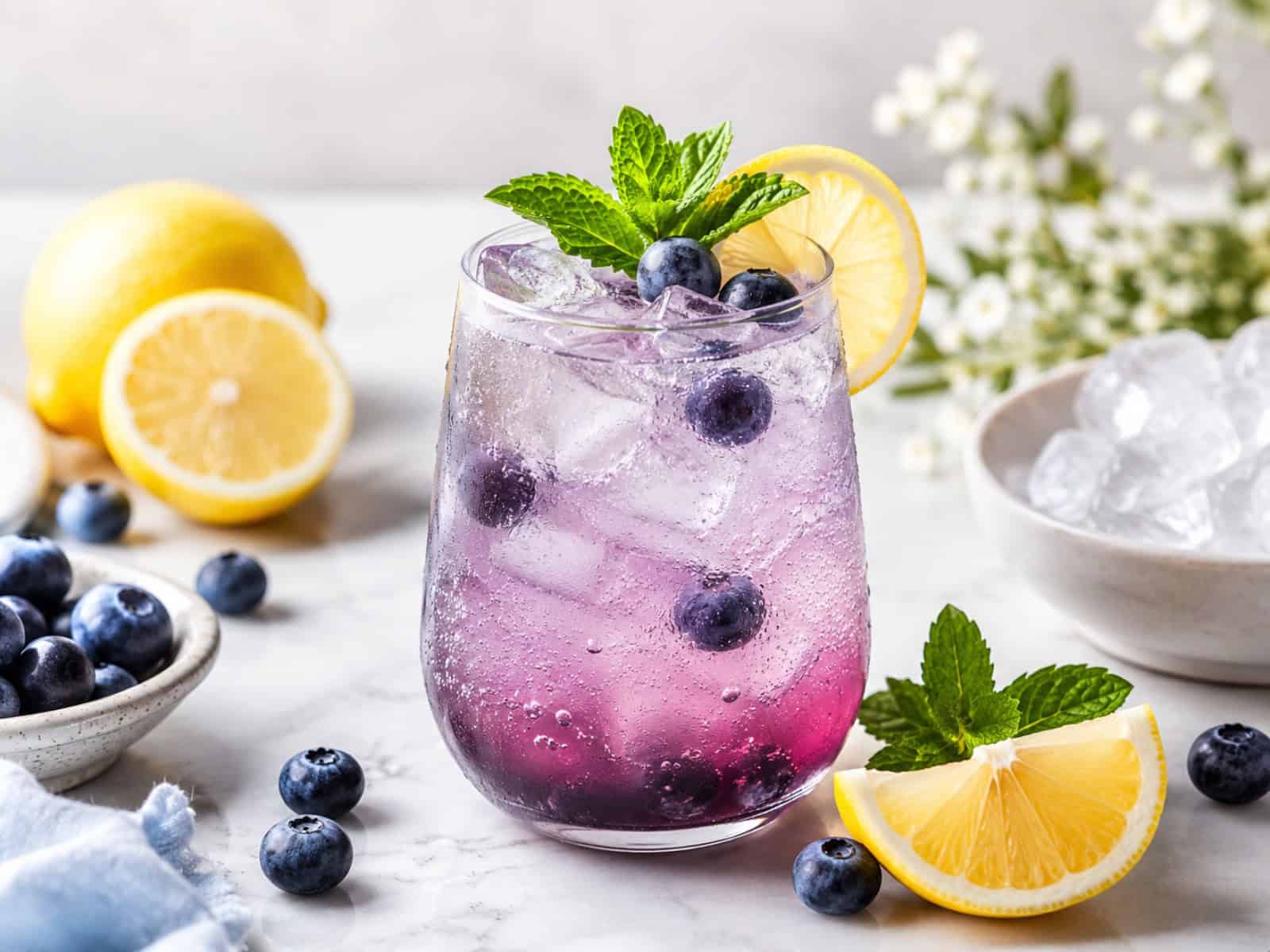 A blueberry lemon mocktail in elegant glassware with fresh blueberries, lemon, mint, bubbles, and ice.