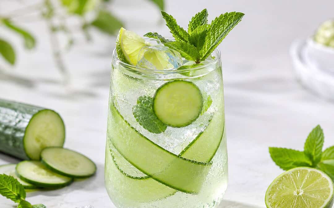A cucumber mint mocktail in elegant glassware with cucumber ribbons, fresh mint, lime, bubbles, and ice.