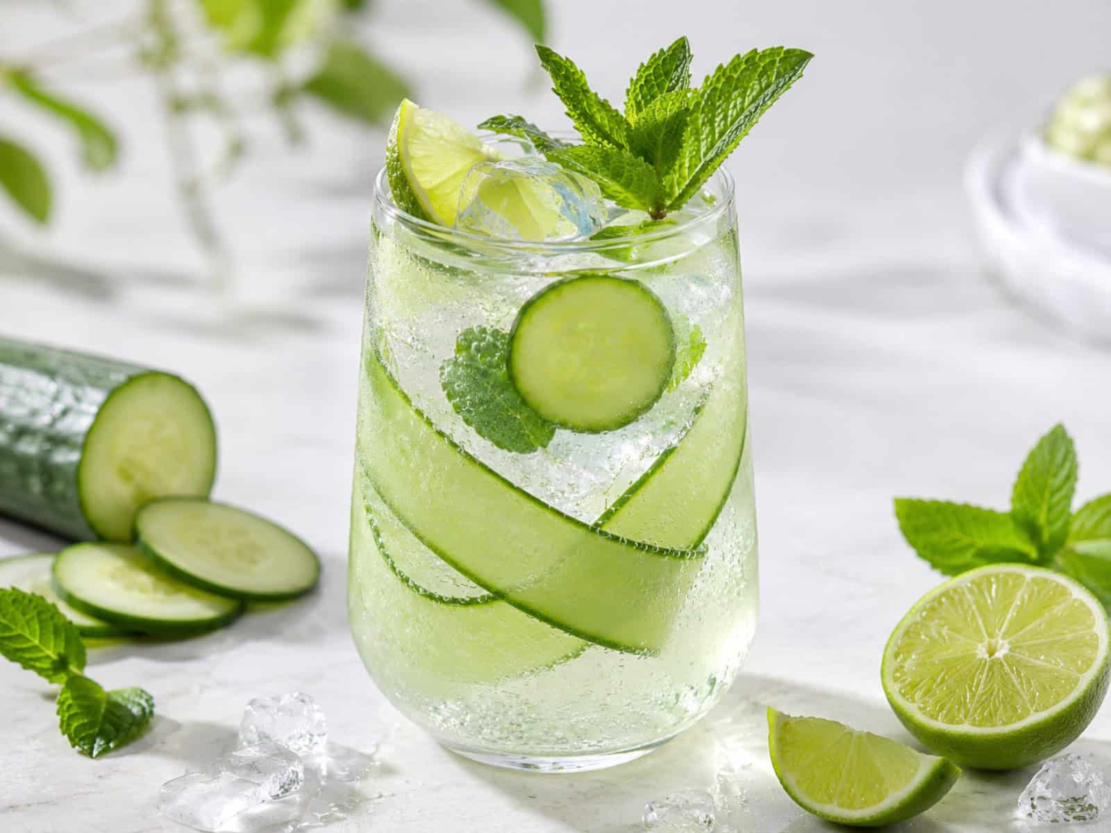 A cucumber mint mocktail in elegant glassware with cucumber ribbons, fresh mint, lime, bubbles, and ice.