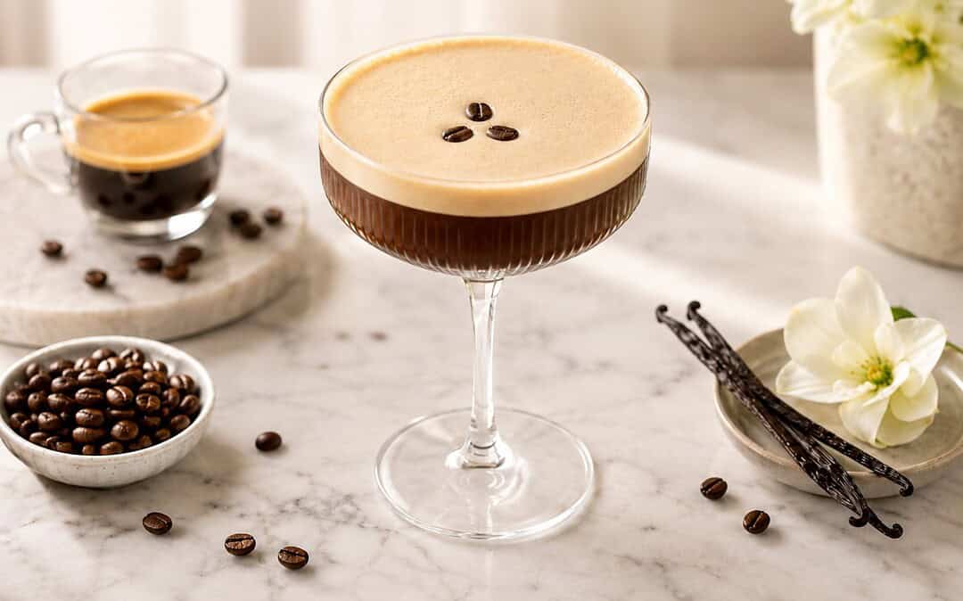 An espresso martini mocktail in a coupe glass with smooth coffee foam, three coffee beans, and a polished dessert drink presentation.