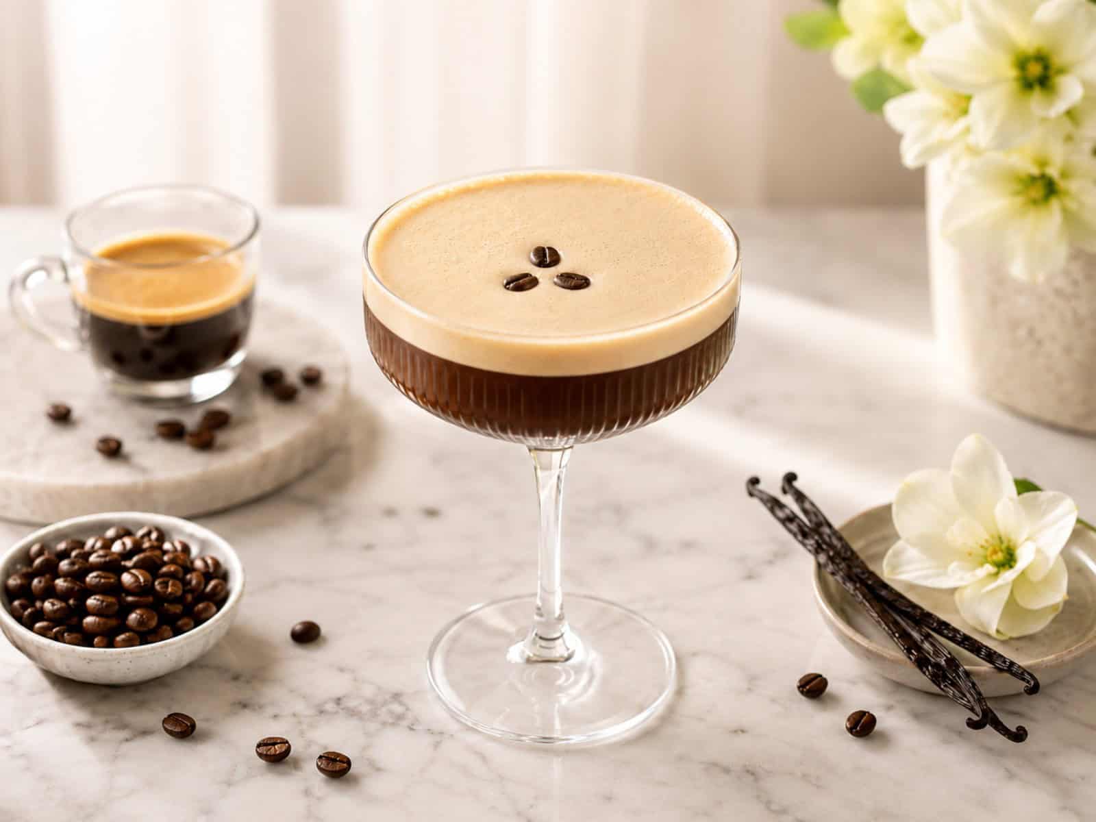 An espresso martini mocktail in a coupe glass with smooth coffee foam, three coffee beans, and a polished dessert drink presentation.