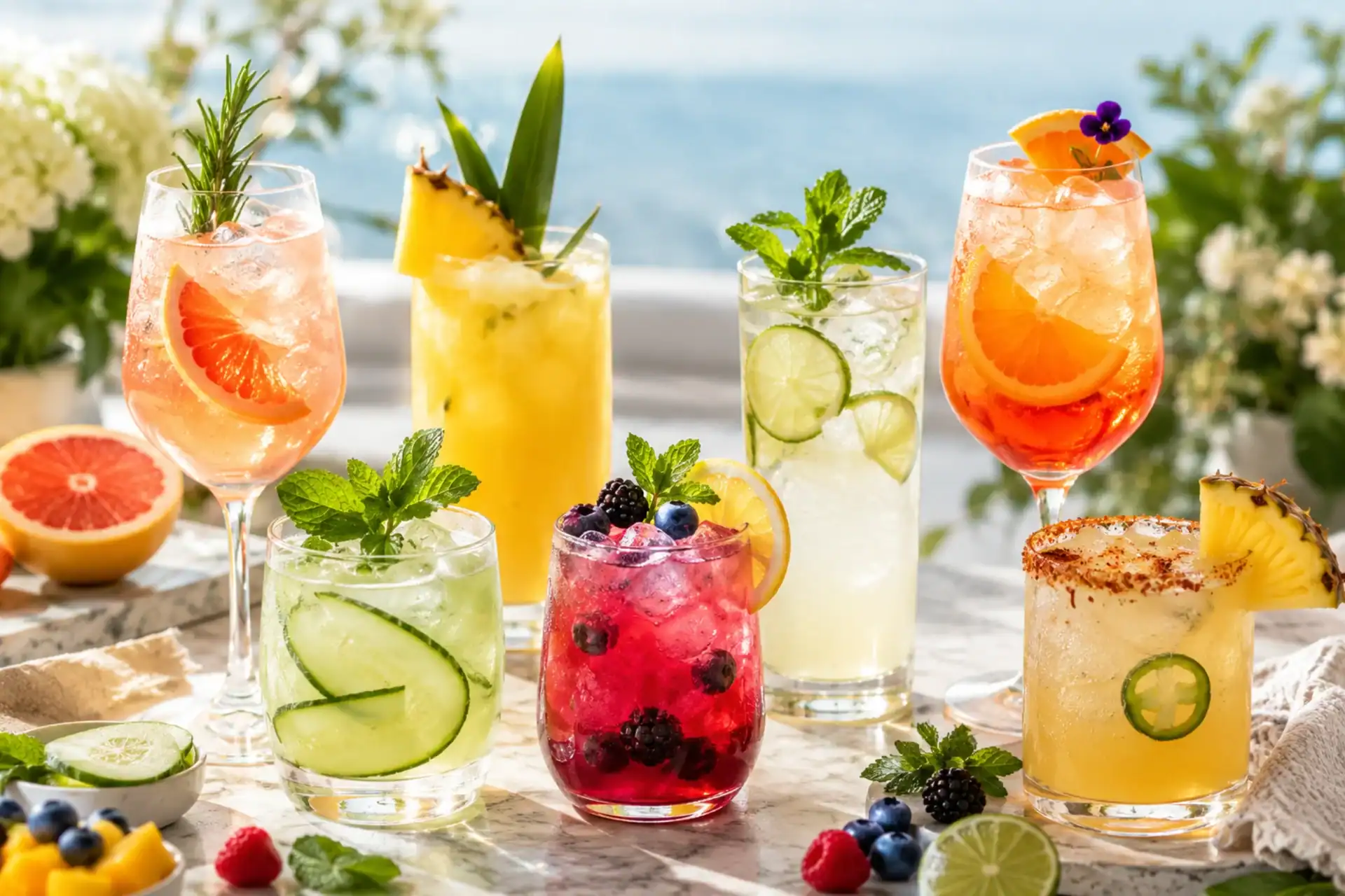 A curated assortment of colorful mocktails in elegant glassware with citrus, berries, mint, cucumber, and fresh garnishes on a clean premium tabletop.