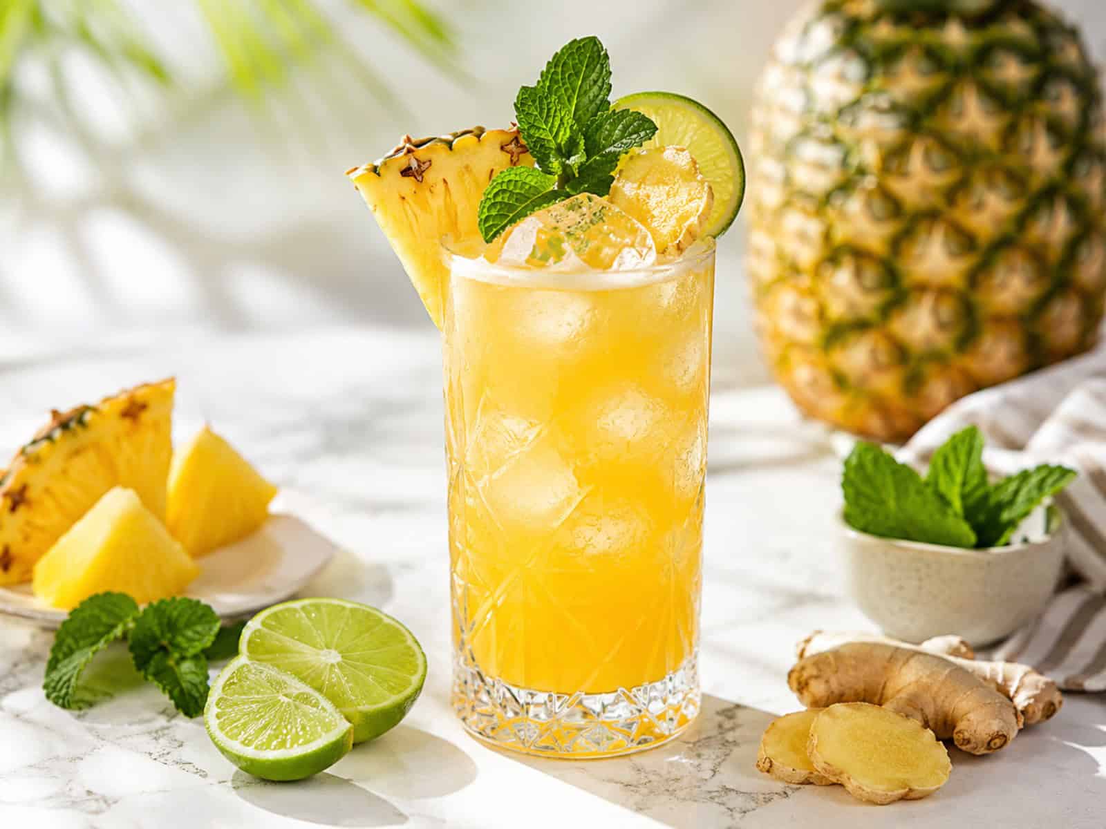 A pineapple ginger mocktail in elegant glassware with pineapple, lime, mint, fresh ginger, bubbles, and ice.