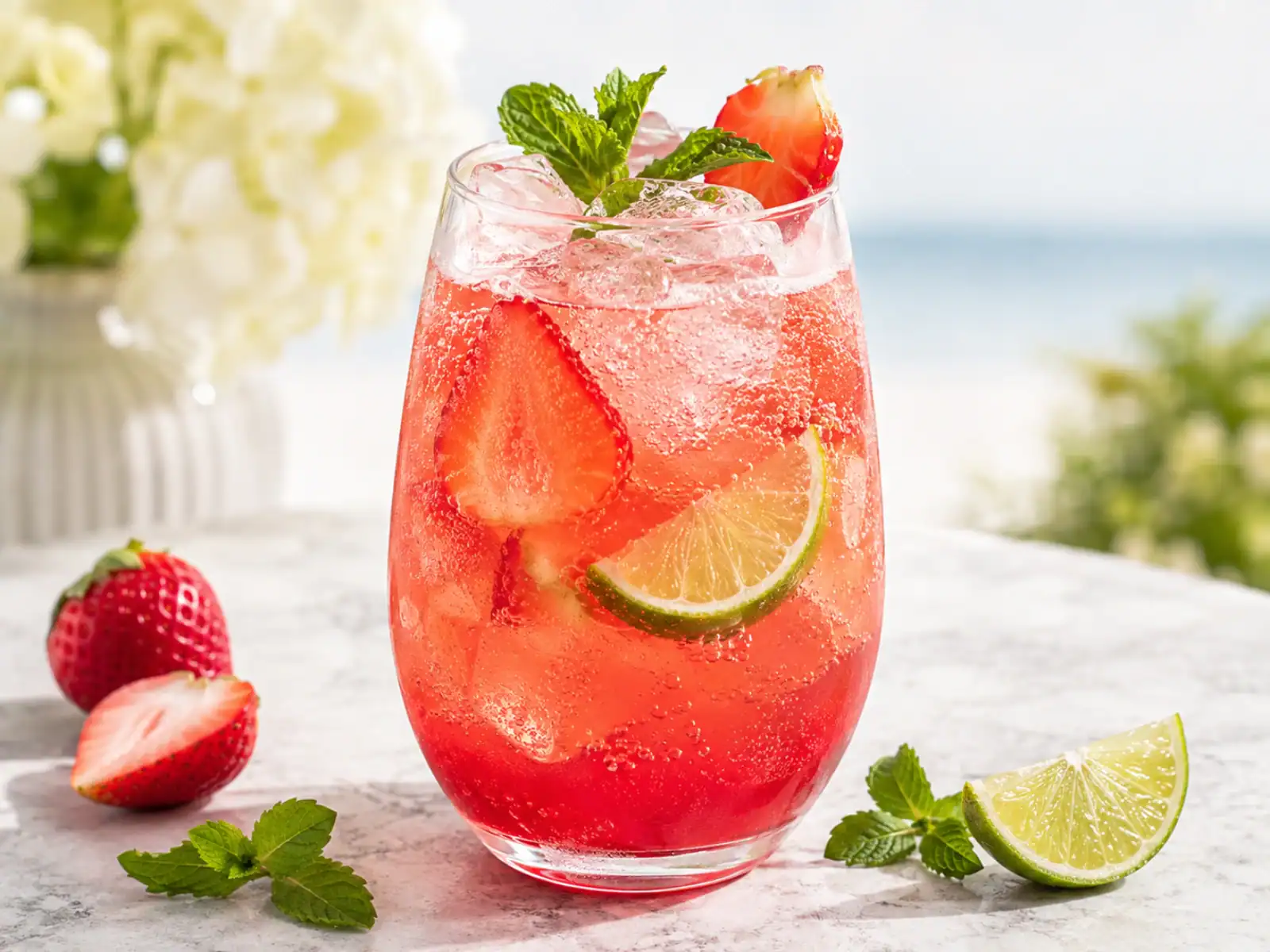 A sparkling strawberry lime mocktail in elegant glassware with fresh strawberry slices, lime, mint, bubbles, and ice.