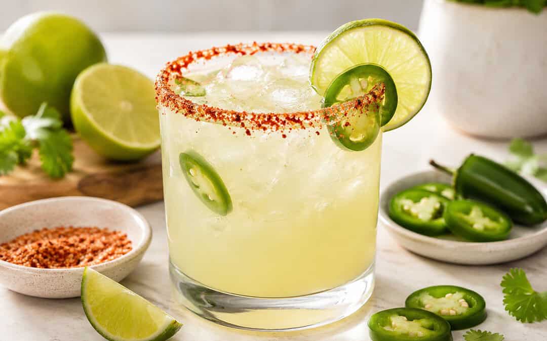 A spicy margarita mocktail in elegant glassware with lime, jalapeño slices, a chili-salt rim, bubbles, and ice.