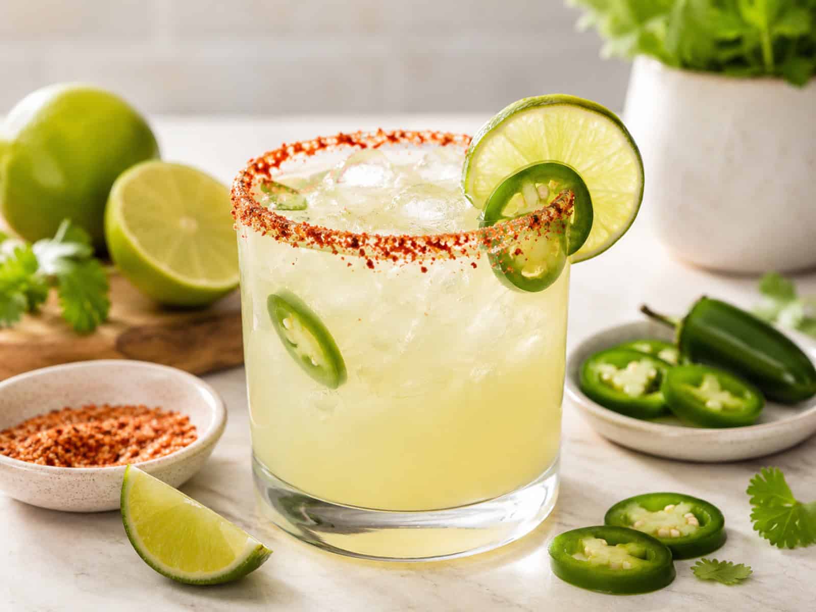 A spicy margarita mocktail in elegant glassware with lime, jalapeño slices, a chili-salt rim, bubbles, and ice.