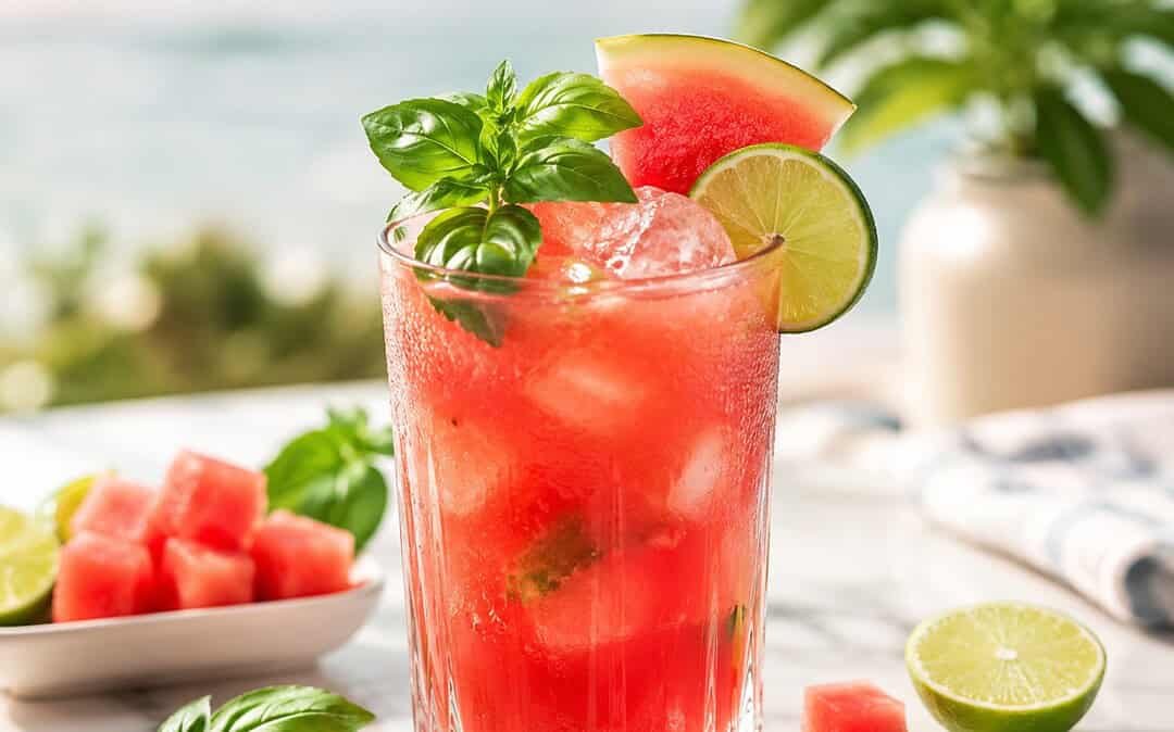A watermelon basil mocktail in elegant glassware with fresh watermelon, basil, lime, bubbles, and ice.
