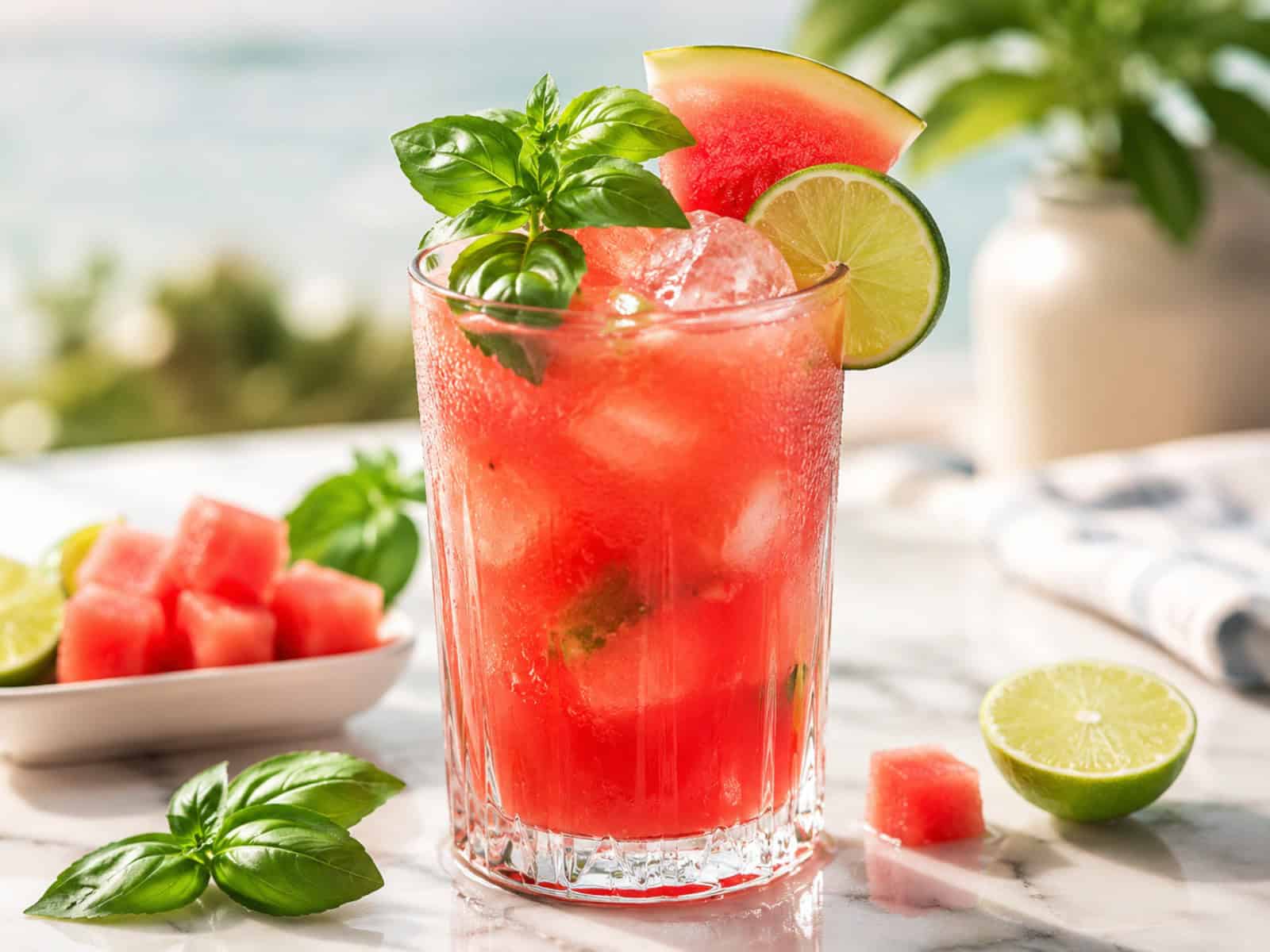 A watermelon basil mocktail in elegant glassware with fresh watermelon, basil, lime, bubbles, and ice.