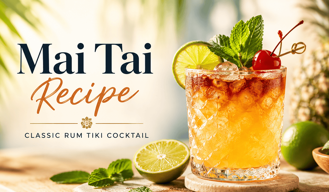 Classic Mai Tai cocktail with rum, orange curaçao, fresh lime, orgeat, mint, and cherry garnish served over ice in a tropical setting.
