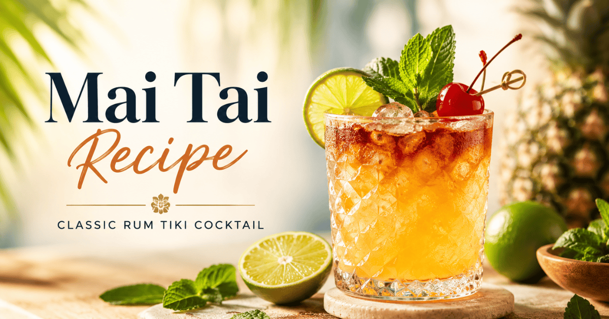 Classic Mai Tai cocktail with rum, fresh lime, mint, orange curaçao, and orgeat served over ice
