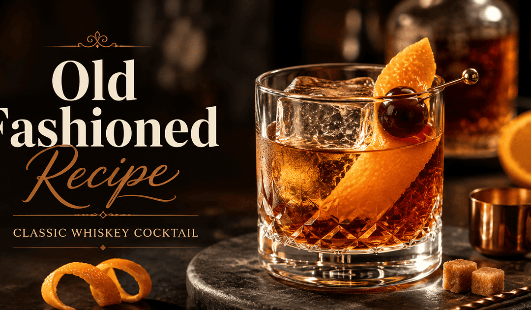 Classic Old Fashioned cocktail with bourbon, bitters, orange peel, cherry garnish, and a large ice cube in a rocks glass.