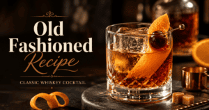 Classic Old Fashioned cocktail with bourbon, bitters, orange peel, cherry garnish, and a large ice cube in a rocks glass.
