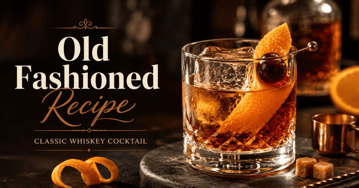 Classic Old Fashioned cocktail with bourbon, bitters, orange peel, cocktail cherry, and large ice cube