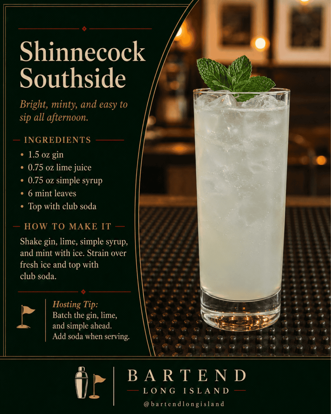 Shinnecock Southside cocktail recipe with gin lime mint and club soda