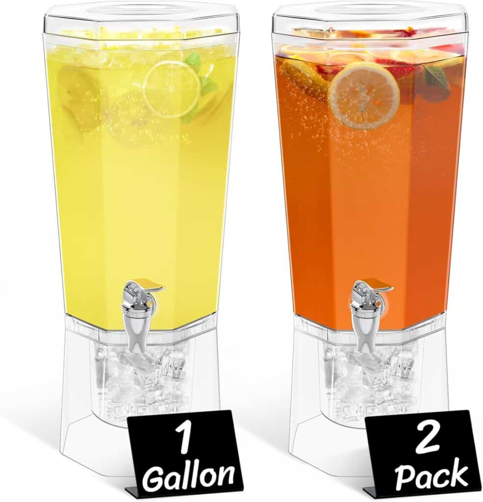 Set of clear one gallon drink dispensers with spigots for self serve beverages